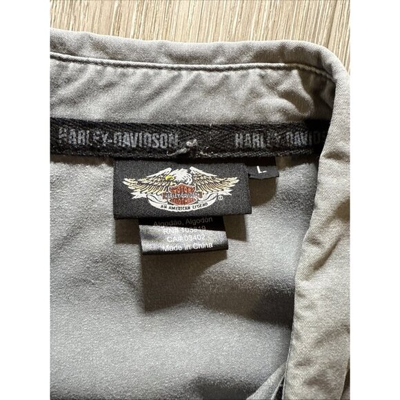 Mens Harley Davidson Gray Embroidered Patched Military Top Gun Button Shirt L - Picture 10 of 12